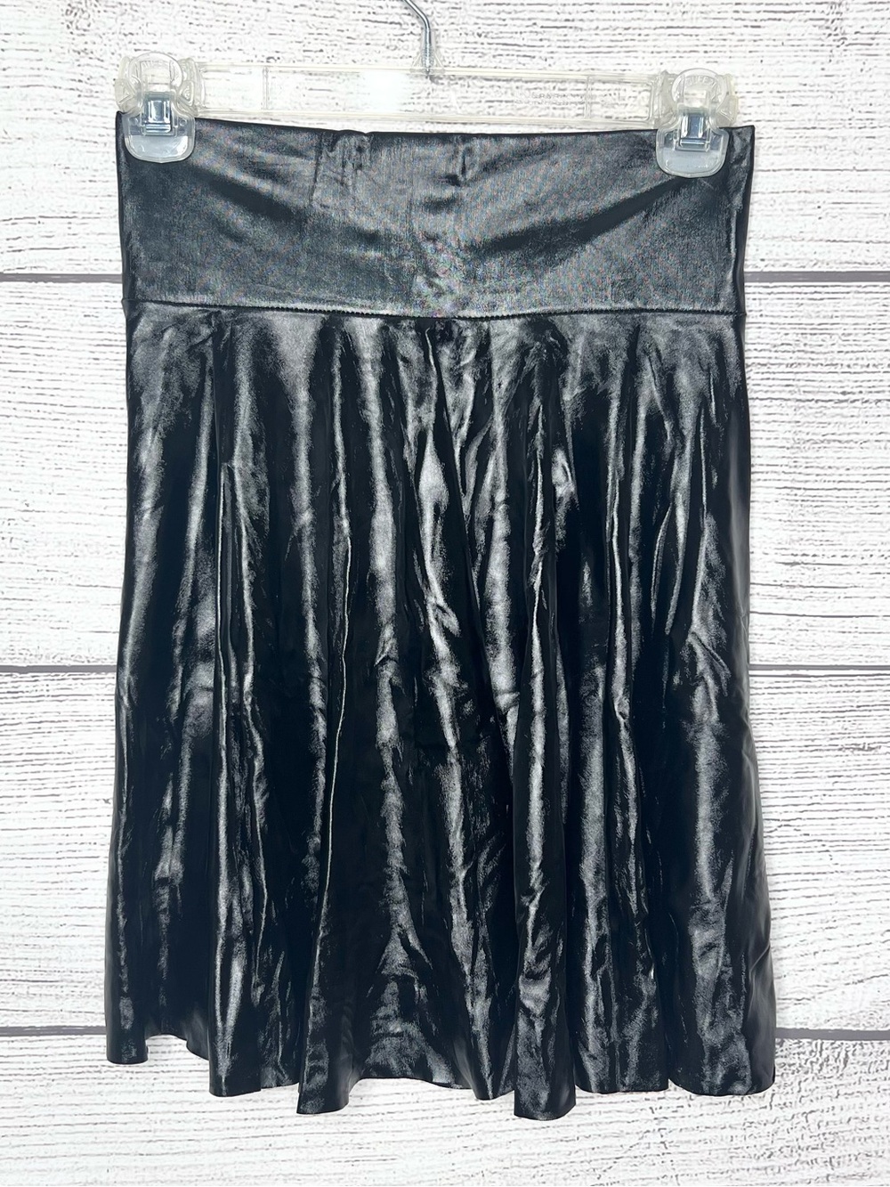 Black Shiny Wet Look Faux Leather Stretch A-Line Flared Skater Skirt Size Small